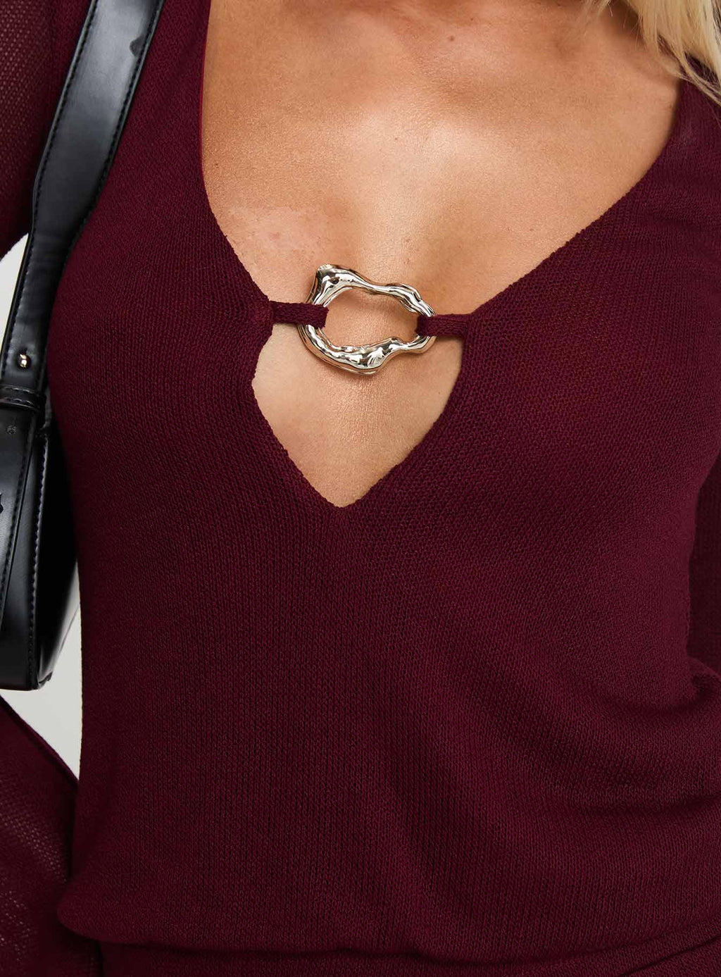 Charming Long Sleeve Mini Dress Maroon